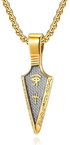 DESHOME Herren Pfeilspitze Kette Auge des Horus Anhänger Ankh Kette Speerspitze Herren Kreuz Amulett Ägyptisches Geschenk Halsketten Edelstahlkette 60cm, Gold