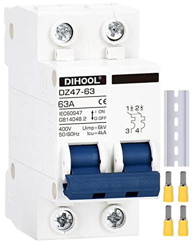 63A Leistungsschalter DZ47-63 2-polig C63 AC 230V 400V 63/60HZ 4KA Sicherungsautomat 35mm Hutschienen(AC200V-400V,2 polig,63 Amp)