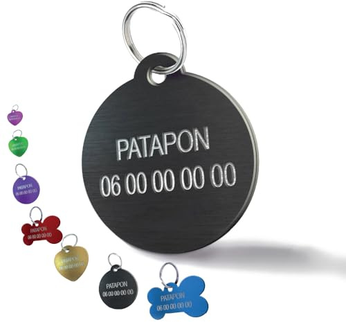 Médaille Gravée pour Chien et Chat – Médaillon d’Identification Personnalisé 2 Lignes En Aluminium Anodisé – Gravure Recto Verso avec Nom & Numéro (Petit Rond-27 mm, Noir)