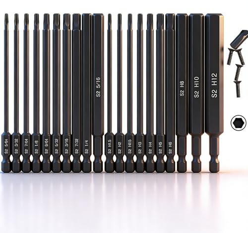 K Kwokker 20PCS Hex Allen Wrench Drill Bits 100mm, S2 Steel Hexagon Bits Long Hex Wrench Magnetic Screwdrivers Allen Key Bit Set for Assembling Furniture (10pc Metric & 10pc SAE