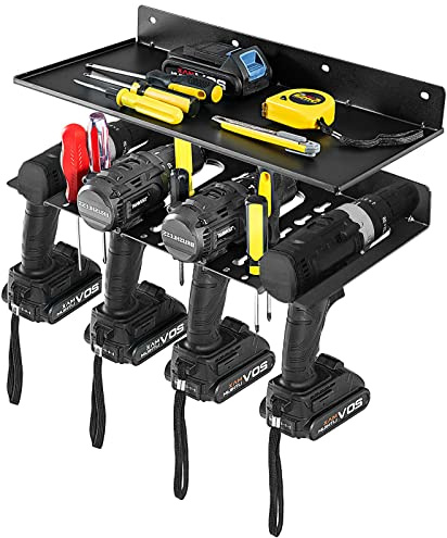 COSTWAY Porte Outils Mural 4 Fentes avec Étagère pour Perceuse ÉLectrique, Rangement Outils 43x21,5cm Installation Murale ou sur Panneau Perfor pour Atelier Garage Quincaillerie
