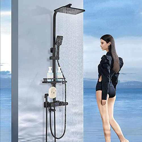 Cesinkin Thermostatique Noir Colonne de Douche avec Mitigeur 38°C Ensemble de Douche avec 4 Fonctions Hauteur Réglable Système de Douche à Tête Carrée avec Douchette à Main pour Salle de Bain