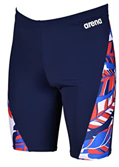 ARENA Men's Racing Swimsuit Solid Swim Jammers Endurance Long Compression Shorts,Tropicals Swimwear, Navy-Red Multi, 20