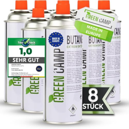 Green Camp ® Gaskartuschen 227g ideal für Gaskocher, Gasheizung, Gasbrenner, Unkrautbrenner oder Campingkocher – Butan Gaskartusche Typ MFS – 1A für perfekt für Küchenbrenner (8 Kartuschen)