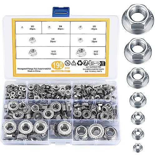 190 Pz Kit Dado Flangiato Esagonale, Dadi Flangiati Esagonali in Acciaio Inox, Dadi Autobloccanti a Flangia Metrica Seghettati - M3/M4/M5/M6/M8/M10/M12