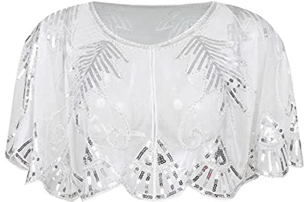 GIBZ Femme Sequin Châle et Wraps Élégant Soirée Cape Doux Cardigan 1920's Vintage Étole, Blanc