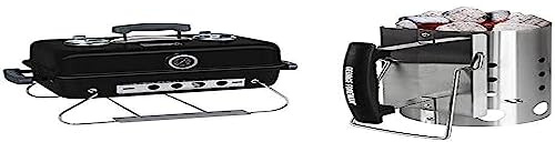 George Foreman Premium On-The-Go Portable Charcoal Barbecue, Camping and Travel BBQ, GFPTBBQ1004B with George Foreman Quick-Fire Compact Chimney BBQ Starter, 14cm Diameter GFCMS14 Matching Set