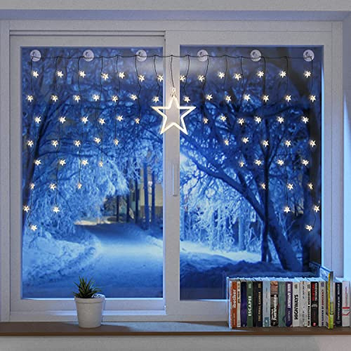 Mojawo Beleuchteter Weihnacht Sternenvorhang Lichterkette Fensterdeko 90 LED warm weiß mit Saugnäpfe Einfach zu montieren