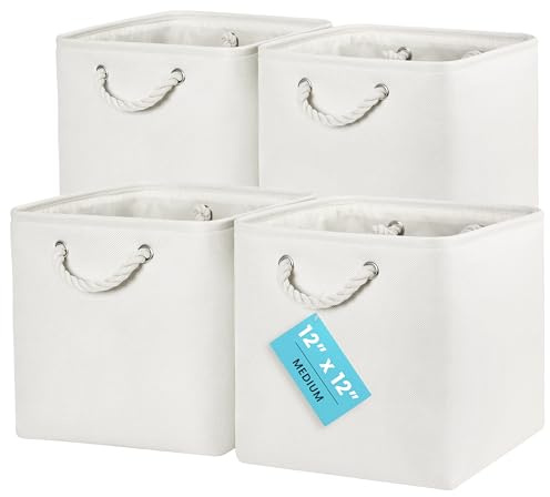 OrganiHaus Set di 4 Cubi Scatole Portaoggetti 30x30, Cestini Portaoggetti in Tessuto con Manici in Corda, Cubi Portaoggetti Pieghevoli per Libreria Kallax, Cestino per la Cameretta. Bianco