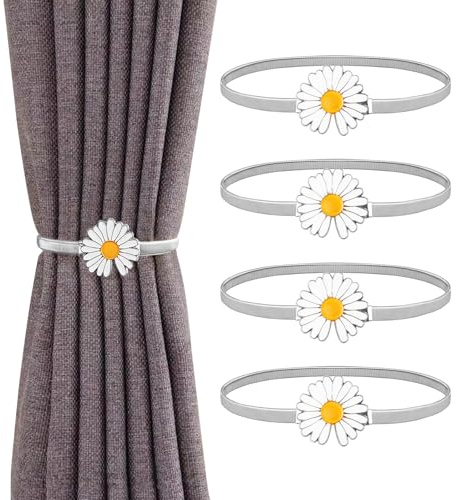 Sheryl&Rain 4 Pcs Alzapaños de Cortina, Plata Margarita Sujeta Cortinas, Recoge Cortinas, Bonito Abrazaderas para Ventanas de Hogar y Oficina