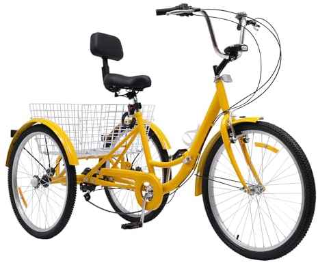 NIGORIY 24 Zoll Dreirad für Erwachsene, 7-Gang-Fahrrad Faltbares, 3-Rad Fahrräder Tragfähigkeit 140kg, mit LED Licht und Wasserbecherhalter (Gelb)