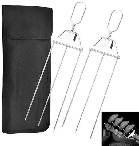HEZHU 3-Wege Grillgabel Edelstahl Halbautomatische Grillgabel BBQ Spießer Grill Skewer