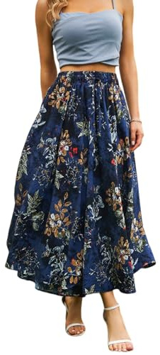 Zeagoo Jupe Longue Femme Boho Fleurie Jupe Boheme Tour de Taille Elastique Maxi Taille Haute avec Cordon Jupe Maxi de Plage Casual en Marine M