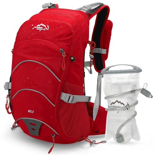 IX INOXTO Trinkrucksack, 20 l, wasserdichter Wanderrucksack, interner Rahmen, mit 2 l Trinkblase und Regenschutz für Herren, leichter Reise-Tagesrucksack für Radfahren, Camping, Ski (rot)