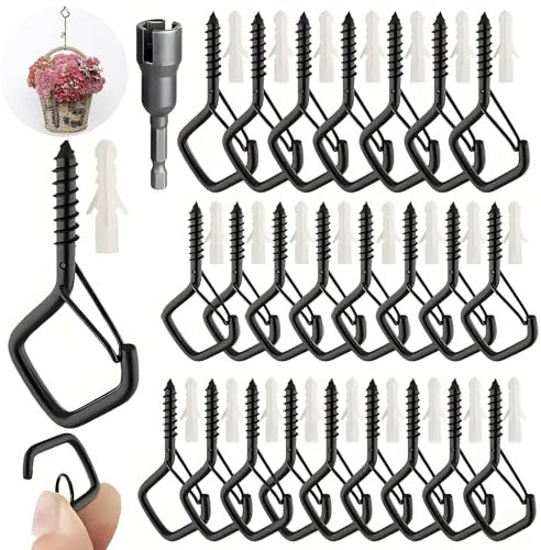 25 PCS Black Q Hanger Screw Hooks, Screw Hooks for Outdoor Lights with Drill Bit, Cup Hook Eye Hook with Safety Buckle, Windproof Metal Ceiling Hooks for Plants, Fairy Lights,Bird Feeder（Rhombus）