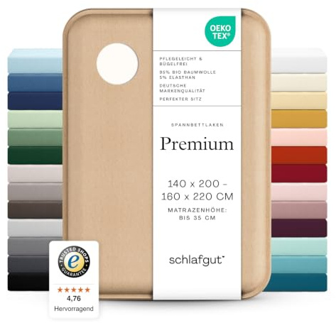 schlafgut Premium Spannbettlaken 140x200 cm Bio-Baumwolle, Off-White | Bettlaken, Spannbetttuch 160x200, 160x220 cm, Weiß, Mako Zwirn-Jersey 220 g/m², bis 35 cm Steg, blickdicht, Made in Green