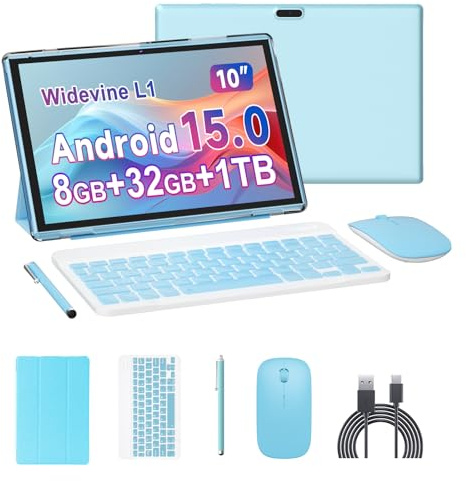 Tablette 2 en 1 Android 14 tablettes avec clavier 10, étui avec stylet souris, film trempé, tablette 6 000 mAh, 6 Go + 32 Go de ROM, tablette extensible 1 To, double caméra 2 MP + 8 MP, WiFi BT