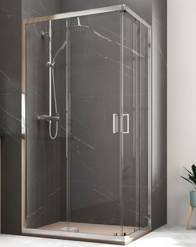 Mampara Ducha Rectangular Angular Corredera 2 Puertas 2 Fijos | Cristal 5mm Antical Transparente | Perfil Cromo 160cm (Adaptable 156,5-158,5cm) X 80cm