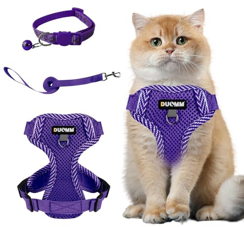 Muecleao Katzengeschirr mit Leine Ausbruchsicher, Katzenleine mit Geschirr für Katzen, Verstellbares Katzengeschirr Katzenhalsband mit Reflektierenden Streifen für Outdoor Training Gehen (Lila, S)