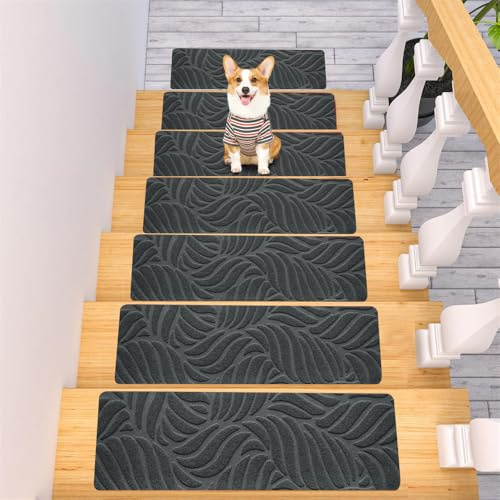 Surwin Stufenmatten 15 Stück, Treppenstufen Matten Treppen Stufenmatten Selbstklebend Innen Stufenmatte Teppich Treppenteppich Stufenteppich Treppenmatten (Dunkelgrau,19x55cm)
