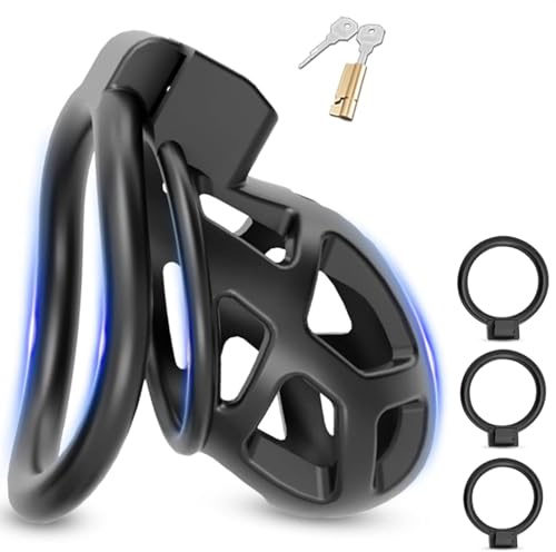BDSMAGE Cage De Chasteté avec 3 Anneaux Péniens, Ensemble Cage de Chasteté Respirante Bondage SM Cage à Pénis Jouets Sexuels pour Hommes (S)