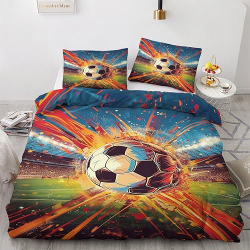 Housse de Couette 140x200 Football - Decoration Football, Parure de Lit 1 Personne Garçon Sports Soccer, Linge de Lit en Microfibre Douce avec Fermeture éclair, 1 Taie d'oreiller 65x65 cm J*&26