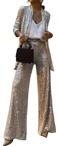 EGSDMNVSQ Damen Pailletten Anzug Zweiteiliger Blazer und Hose Business Hosenanzug Festlich Pailletten Sets Elegant Slim 2-teiliges Damen-Trainingsanzug Streetwear