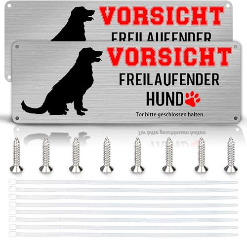 Yezirzax Vorsicht Freilaufender Hund, 2 Stück 25x10cm Achtung Hund Schild, Vorsicht Bissiger Hund Schild Warnschild Hund Aluminium mit Selbstklebend und Vorgebohrten Löchern