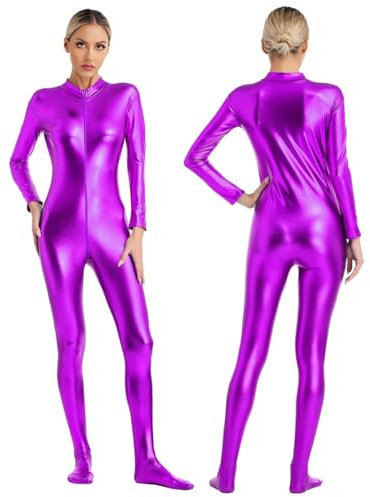 XINLIANYI Damen-Jumpsuit, metallisch, glänzend, langärmelig, Reißverschluss vorne, Ganzkörper-Einteiler, Strumpfhose, Body, Disco, Rave, Party, Poledance, Clubwear, violett, L
