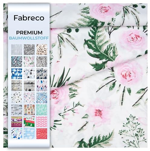 Fabreco Baumwollstoff Meterware 200x160cm - Blumen im Garten - weißer Hintergrund | 220g/lfm – Weich, langlebig & hautfreundlich | Stoffe Zum Nähen & Dekoration | Stoff Meterware-Fabric