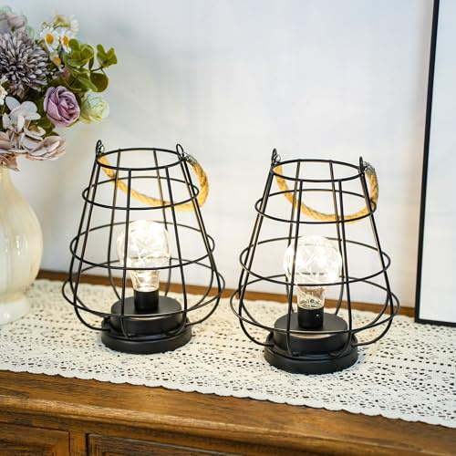 JHY DESIGN Set di 2 lanterne decorative da tavolo a forma di gabbia, alte 22 cm, alimentate a batteria, senza fili, con luci bianche calde, lampadina LED Edison, per soggiorno, camera da letto, casa
