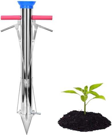 Transplanteur de semis à long manche - Outils de jardin manuels en acier inoxydable pour planter des légumes, idéal pour le jardin, la cour, la serre