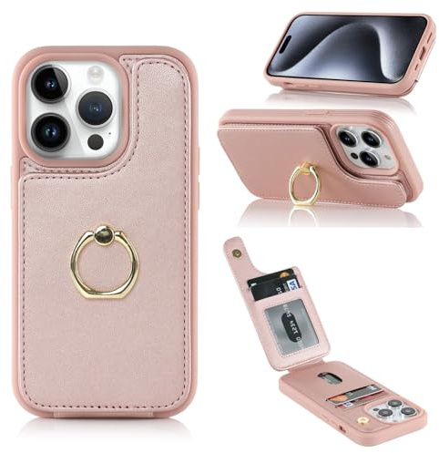 Cavor Phone Case compatible with iPhone 15 Pro Max Case With Card Holder,Flip Leather Wallet Case,Buckle Metal Ring Shockproof Cover Case compatible with iPhone 15 Pro Max - Rose gold