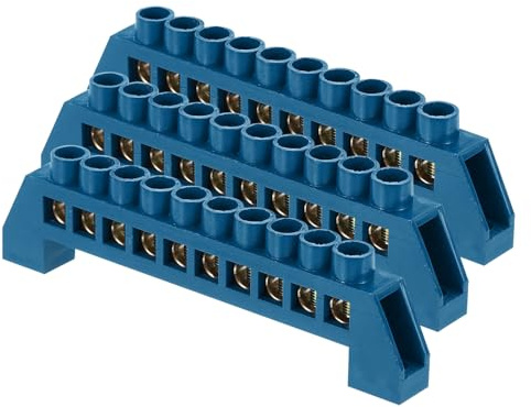 sourcing map 3 barre terminali a terra, 10 posizioni a vite, in ottone, morsettiera di messa a terra da 7 x 14 mm per apparecchiature elettriche, scatola di distribuzione, blu