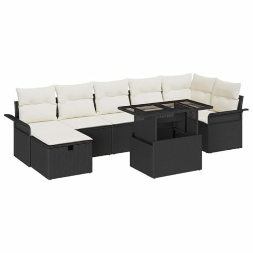 vidaXL Garten-Sofa-Set mit Kissen 8 pcs Schwarz Poly Rattan, Garten- und Terrassenmöbel, modernes Lounge-Set, verstellbare Füße, perfektes Outdoor-Sitzvergnügen