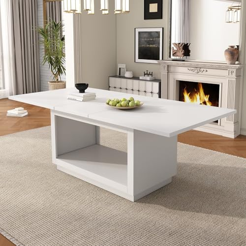 DRIXNO Ausziehbarer Esstisch, Quadratischer, Couchtisch, Länge 140/180 x Breite 70 x Höhe 76,5 cm, Weiß