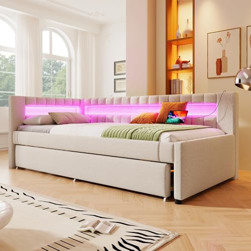 Lexiou Daybett, Tagesbett, Schlafsofa, 90x200cm, Bett mit LED-Fernbedienungslichtleiste am Bettende, Bett mit Ausziehbett ohne Matratze, USB + Type-C, Leinen (Beige)