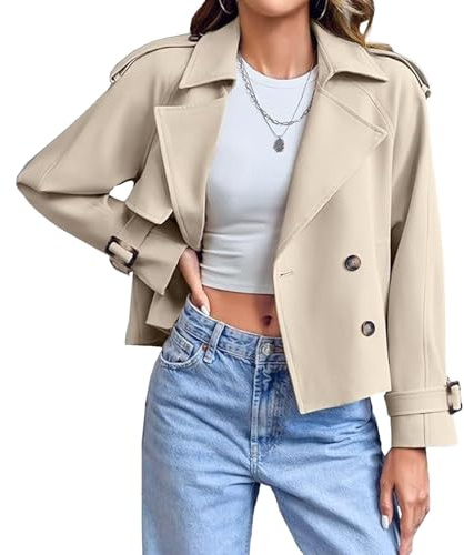 Cropped Jacket Women Cropped Trench Coat for Women Womens Crop Double Breasted Trench Coat Work Crop Jacket with Pockets