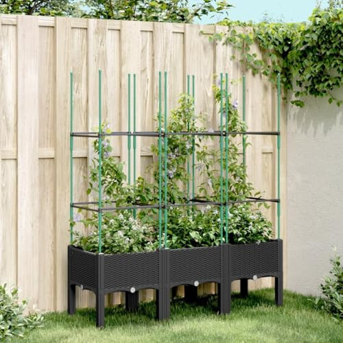 Qnhdfrt Grand pot de fleurs avec treillis noir surélevé pour plantes grimpantes, tomates, pois, roses, jardin, terrasse, balcon, 120 x 40 x 142,5 cm, en polypropylène, aspect rotin