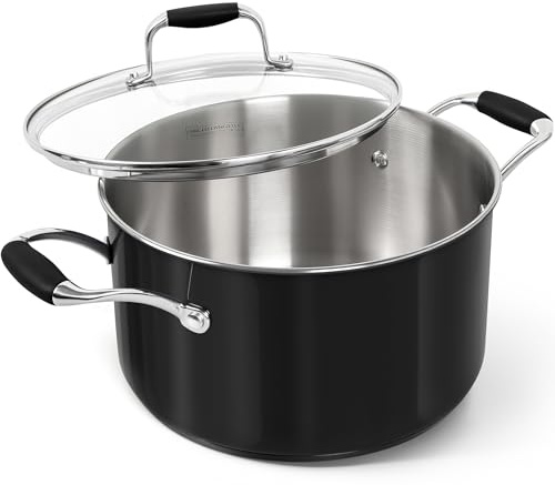 MICHELANGELO Stainless Steel Cooking Pot - 6 Quart Soup Pot with Lid, Non-Toxic Stockpot Induction Compatible, Oven & Dishwasher Safe, Black Exterior