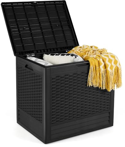 GOPLUS Coffre de Jardin Exterieur Etanche 96L, Coffre Exterieur Etanche HDPE Verrouillable Vérin à Gaz, Poignée, Banc Pouf 1 Personnes,Charge 80KG pour Balcon Piscine (Noir,58x44x54CM|96L)