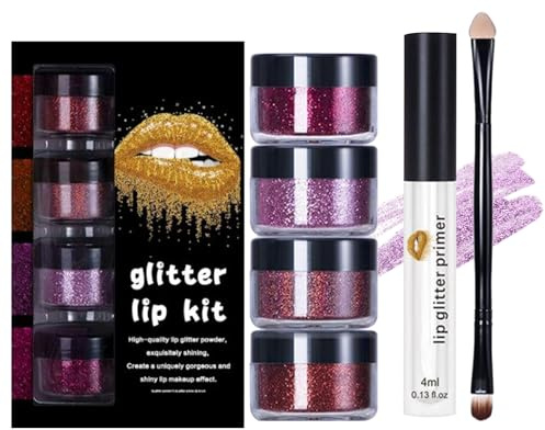 Glitter Lip Kit,Polvere ad Elevata Coprenza con Primer e Pennello per Trucco Labbra - Trucco Brillante a Lunga Tenuta per Feste Matrimonio Viaggi