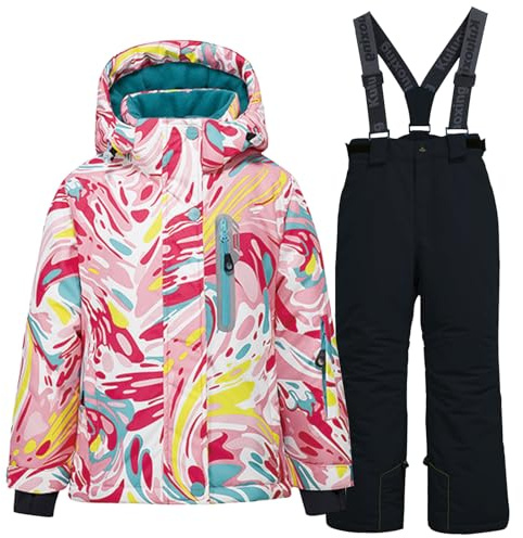L PATTERN Kinder Skianzug Set 2-teilig mit Kapuze - Wasserdichter Winddichter Schneeanzug für Jungen und Mädchen - Warme Skijacke und Skihose, Blossom Pink + Schwarze Hose, Size 8 (128)