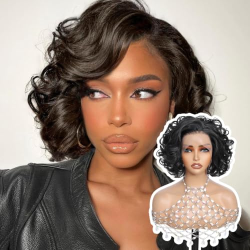 LDJOY Perücken für Frauen Kurze Gewellte Bob Perücke mit 13x4 Lace Front – Hitzebeständige Synthetik Kunsthaar Perücke, 12 Zoll, mit vorgezupftem Haaransatz, Natürlich Aussehend, Alltags-Look