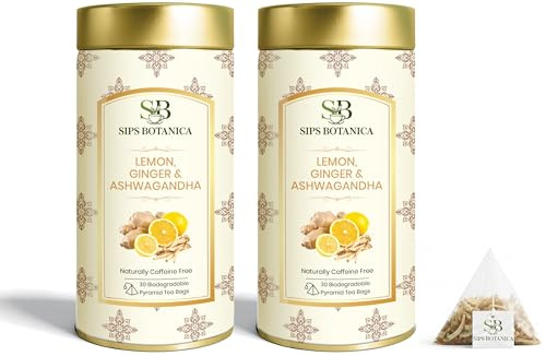 SIPS BOTANICA Lemon Ginger AshwagandhaTea | 60 Teabags Twin Pack | Premium Quality Herb | Plant-Based, Compostable & Biodegradable Pyramid Tea Bags
