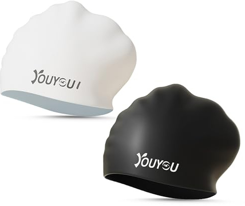 Confezione da 2 cuffie da nuoto in silicone per capelli lunghi, grandi, impermeabili, per donne, uomini, adulti, con capelli spessi o ricci, comode cuffie da bagno 3D (bianco e nero)