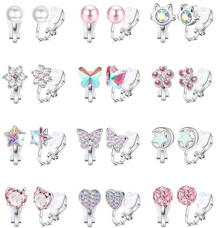 12 Paar Ohrclips Kinder Mädchen, Hypoallergene Clip Ohrringe Ohne, Klipp Ohrringe Mädchen, Sterne Schmetterlinge Herzen und Blumen Bezaubernde Verkleiden Sich Schmuck