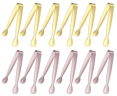 M METERXITY 12-Pack Mini Serving Tongs 4.3in, Gold Tone-Rose Gold | 304 Stainless Steel, Mini Sugar Cube Ice Tongs, for Tea and Coffee Party/Outdoor, Small U-shaped Metal Accessories