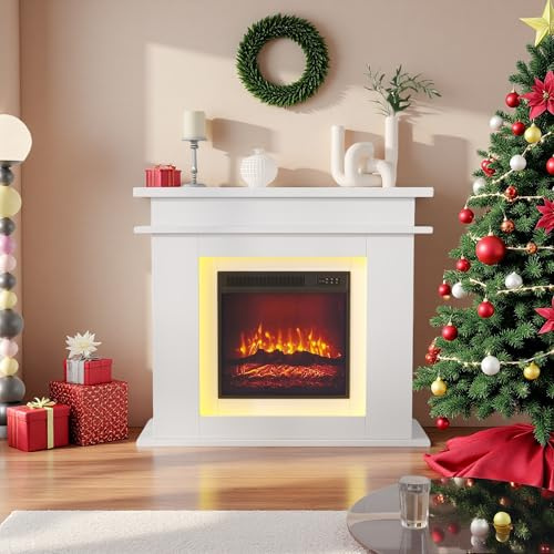 Chimenea eléctrica independiente, efecto de llama 3D, con calefacción 2000 W, mando a distancia, iluminación LED, temporizador y termostato, blanco, 101 x 35 x 89 cm