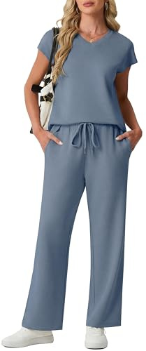 GRECERELLE Ensemble de survêtement complet pour femmes, ensemble de loisirs d'été à manches courtes, deux pièces décontractés avec col en V, hauts pour dames et vêtements de sport pour le gym avec